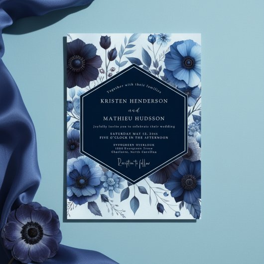 Deep Blue Floral Moody Wedding Einladung