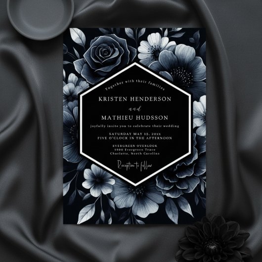 Deep Blue Floral Opulence Wedding Einladung