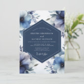 Deep Blue Floral Opulent Wedding Einladung (Stehend Vorderseite)