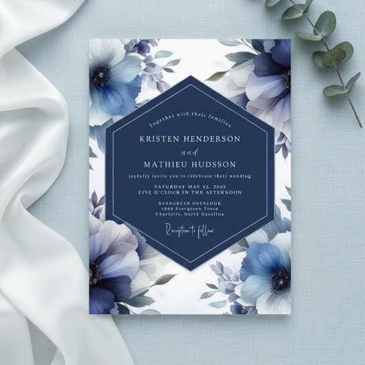 Deep Blue Floral Opulent Wedding Einladung