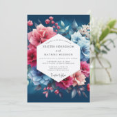 Deep Blue Floral Romance Wedding Einladung (Stehend Vorderseite)