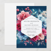 Deep Blue Floral Romance Wedding Einladung (Vorne/Hinten)