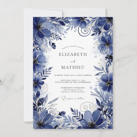 Deep Blue Floral Romance Wedding Einladung (Vorderseite)