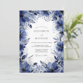 Deep Blue Floral Romance Wedding Einladung (Stehend Vorderseite)