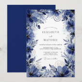 Deep Blue Floral Romance Wedding Einladung (Vorne/Hinten)