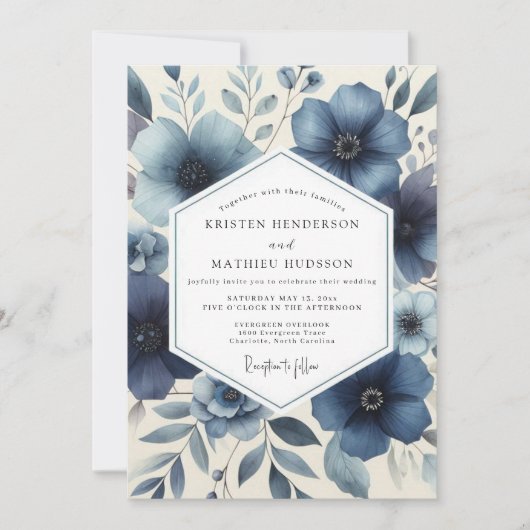 Deep Blue Floral Romantic Wedding Einladung (Vorderseite)