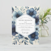 Deep Blue Floral Romantic Wedding Einladung (Stehend Vorderseite)