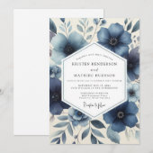Deep Blue Floral Romantic Wedding Einladung (Vorne/Hinten)