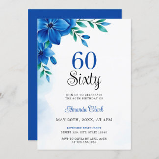Deep Blue Floral Watercolor Grüne 60. Geburtstag Einladung