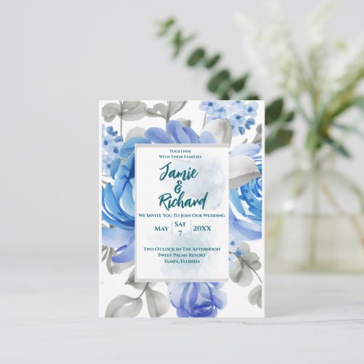 Deep Blue Floral Wedding Einladung Postkarte (Stehend Vorderseite)