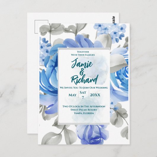 Deep Blue Floral Wedding Einladung Postkarte (Vorne/Hinten)