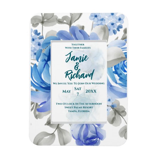 Deep Blue Floral Wedding Magnet Einladung (Vertikal)