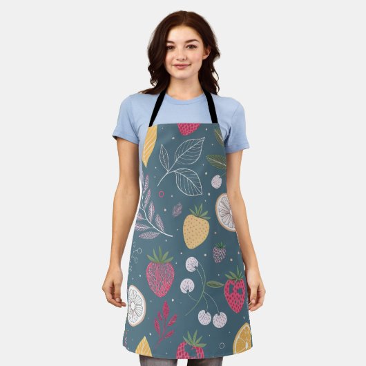 "Deep Blue Fruit Pattern Schürze (Getragen)