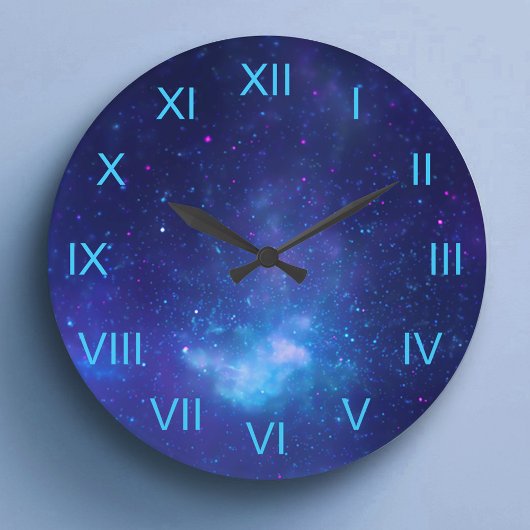 Deep Blue Galactic Center Aqua Roman Numerals Große Wanduhr