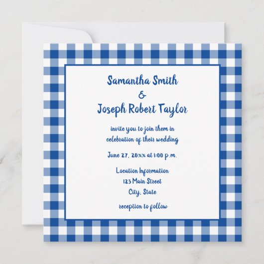 Deep Blue Gingham Country Wedding Einladung (Vorderseite)