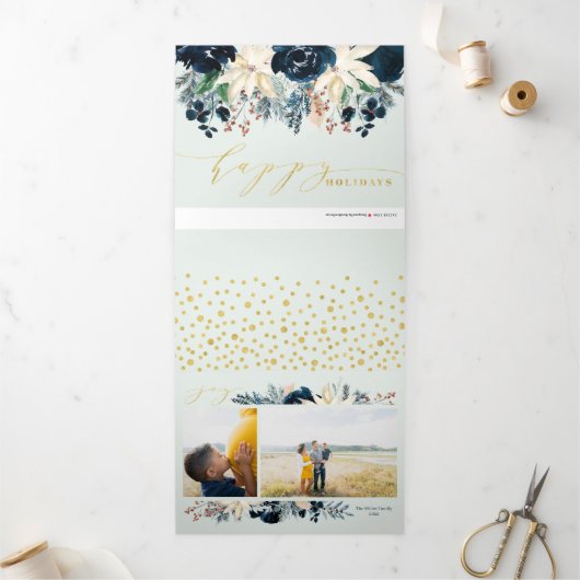 Deep Blue & Gold Freude Weihnachten Foto Weihnacht Dreifach Gefaltete Urlaubskarte (Außenbereich)