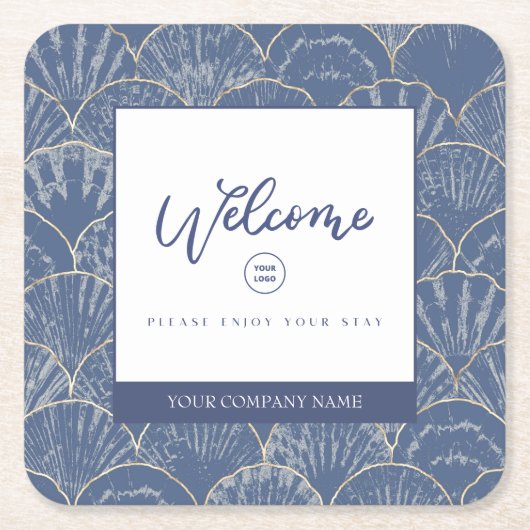 Deep Blue & Gold Watercolor Seashell Rechteckiger Pappuntersetzer (Vorderseite)