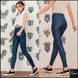 Deep Blue Green Diagonal Textured Plaid Leggings