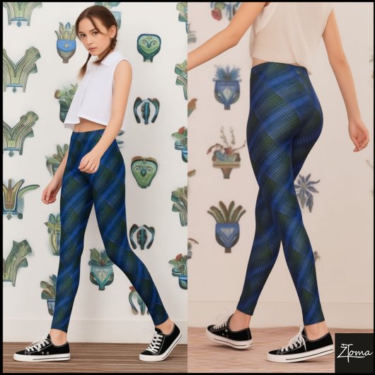 Deep Blue Green Diagonal Textured Plaid Leggings