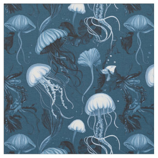 Deep Blue Jellyfish Fabric Stoff