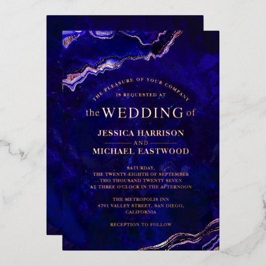 Deep Blue Lila Geode Rose Gold Agate Modern Folieneinladung (Vorderseite/Rückseite)
