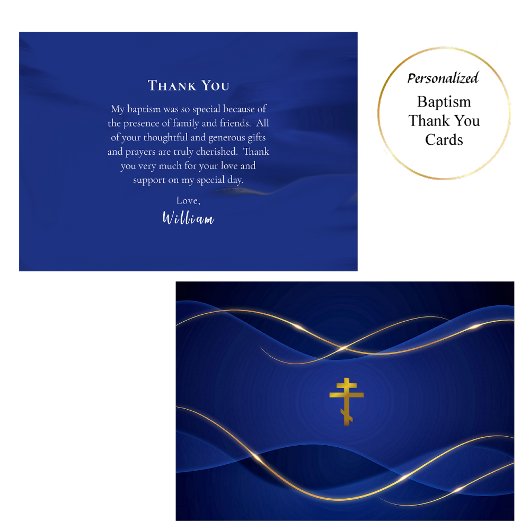 Deep Blue Metallic Gold Orthodox Christian Baptism Dankeskarte