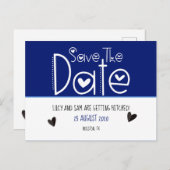 Deep Blue Modern Typografy Save the Date Wedding Ankündigungspostkarte (Vorne/Hinten)
