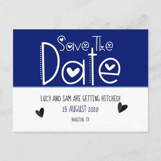 Deep Blue Modern Typografy Save the Date Wedding Ankündigungspostkarte (Vorderseite)
