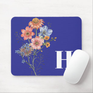 Deep Blue Monogram Simple Floral Mousepad