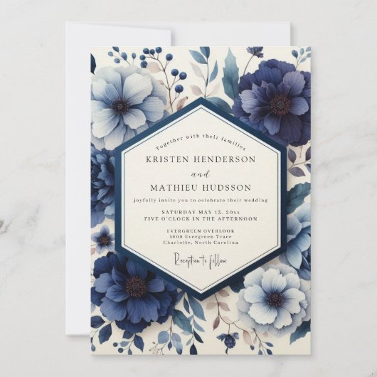 Deep Blue Moody Bloom Hochzeit Einladung (Vorderseite)