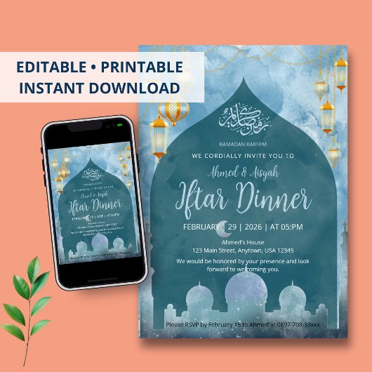 Deep Blue Night Mosque Silhouette Iftar Dinner Einladung