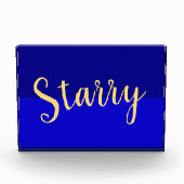 Deep Blue Night Sky Elegante Warm "Starry" Script Fotoblock (Vorderseite)