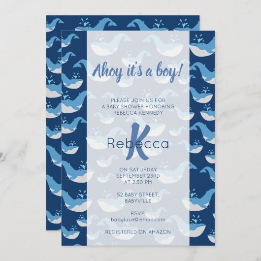 Deep Blue Ocean Whale Muster Ahoy Boy Baby Dusche Einladung (Vorne/Hinten)