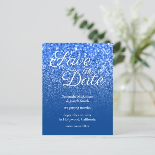 Deep Blue Ombre Bokeh Glitzer Save the Date Postkarte (Stehend Vorderseite)