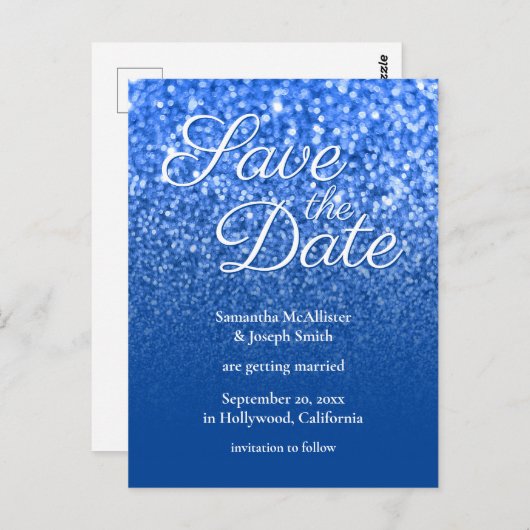 Deep Blue Ombre Bokeh Glitzer Save the Date Postkarte (Vorne/Hinten)