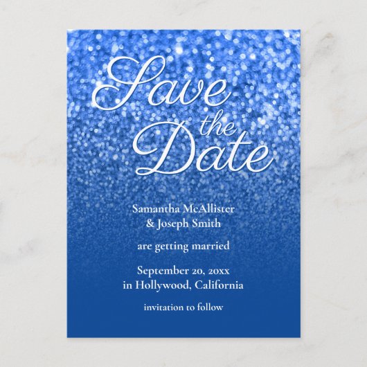 Deep Blue Ombre Bokeh Glitzer Save the Date Postkarte (Vorderseite)