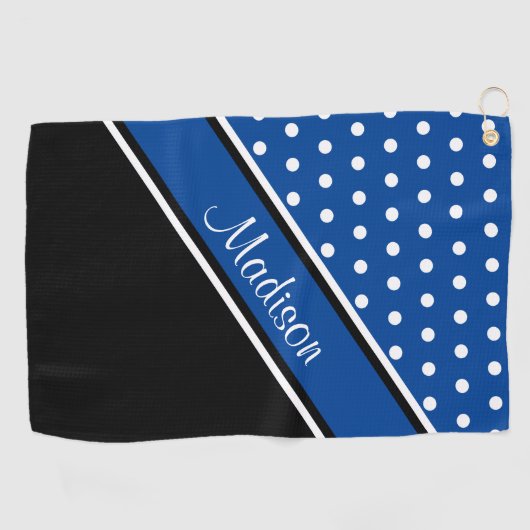 Deep Blue Polka Dot Black Diagonal Script Name Golfhandtuch (Horizontal)
