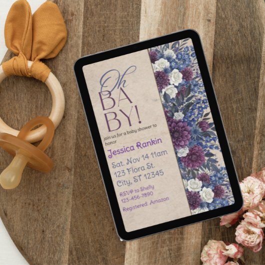 Deep Blue & Purple Floral Baby Shower Einladung