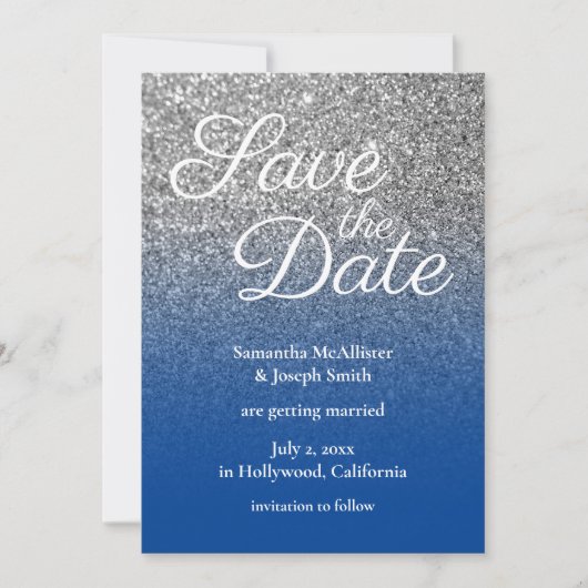 Deep Blue Silver Ombre Glitzer Save the Date Einladung (Vorderseite)