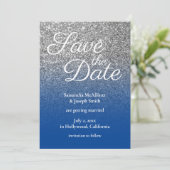 Deep Blue Silver Ombre Glitzer Save the Date Einladung (Stehend Vorderseite)