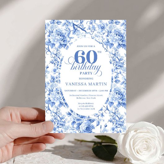 Deep Blue Toile Roses 60th Birthday Invitation   Einladung