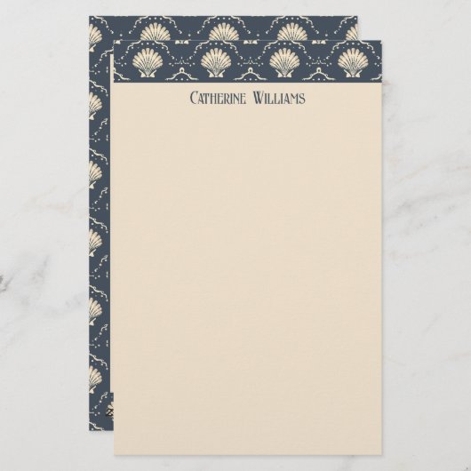 Deep Blue und Cream Seashell Muster Personalisiert Briefpapier (Vorne/Hinten)