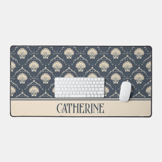 Deep Blue und Cream Seashell Muster Personalisiert Schreibtischunterlage (Tastatur & Maus)