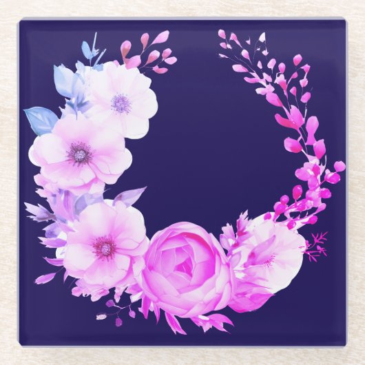 Deep Blue und Pink Floral Glasuntersetzer (Vorderseite)
