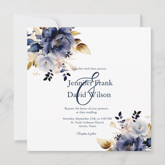 Deep Blue Watercolor Florals Hochzeit Einladung (Vorderseite)