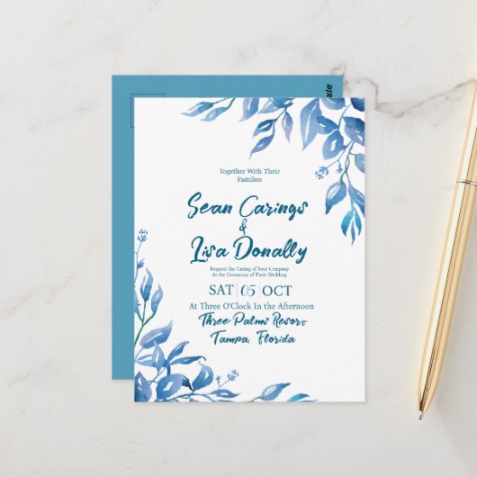 Deep Blue Wedding Einladung Postkarte (Vorderseite/Rückseite Beispiel)