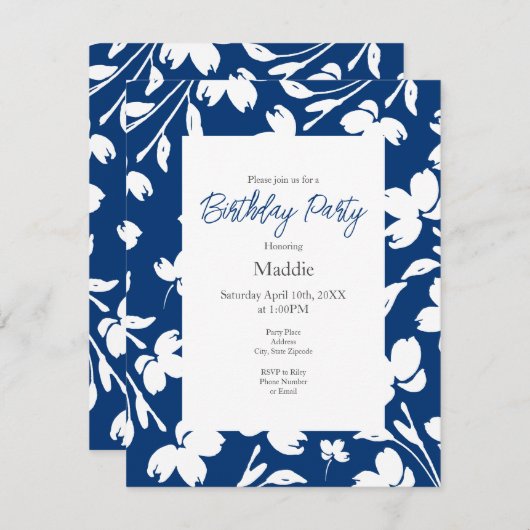 Deep Blue, White Blume Stems Einladung (Vorne/Hinten)