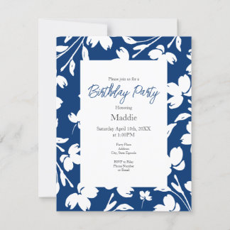 Deep Blue, White Blume Stems Einladung