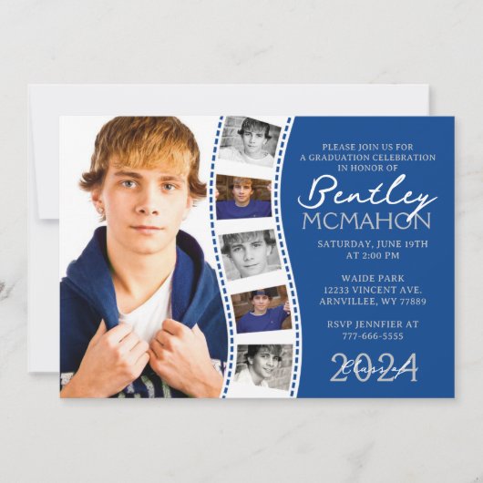 Deep Blue & White Filmstrip 6 Foto Abschluss Einladung (Vorderseite)