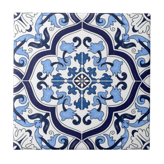 Deep Blue White Floral Sicilian Majolica Mosaik Fliese (Vorderseite)